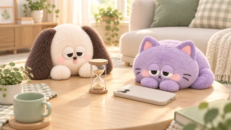 伏せたスマホのそばで砂時計が落ち、いぬとねこのいきものが見守っている