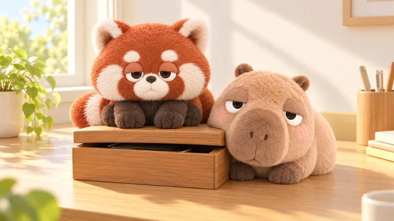 スマホをしまった木箱のふたの上に、レッサーパンダのいきものが座って見張っている
