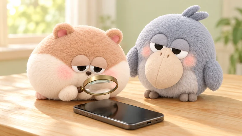 明るい机の上で、ハムスターのいきものが虫めがねでスマホをのぞきこみ、ハシビロコウのいきものが首をかしげて見守っている