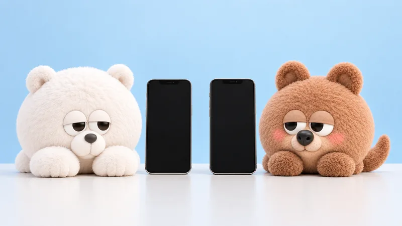 画面の消えたスマホが2台並び、シロクマとクアッカのいきものが見比べている
