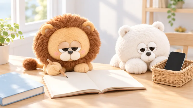 明るい勉強机で、ライオンのいきものがノートの前に座り、シロクマのいきものがスマホの入ったかごの横で見張っている