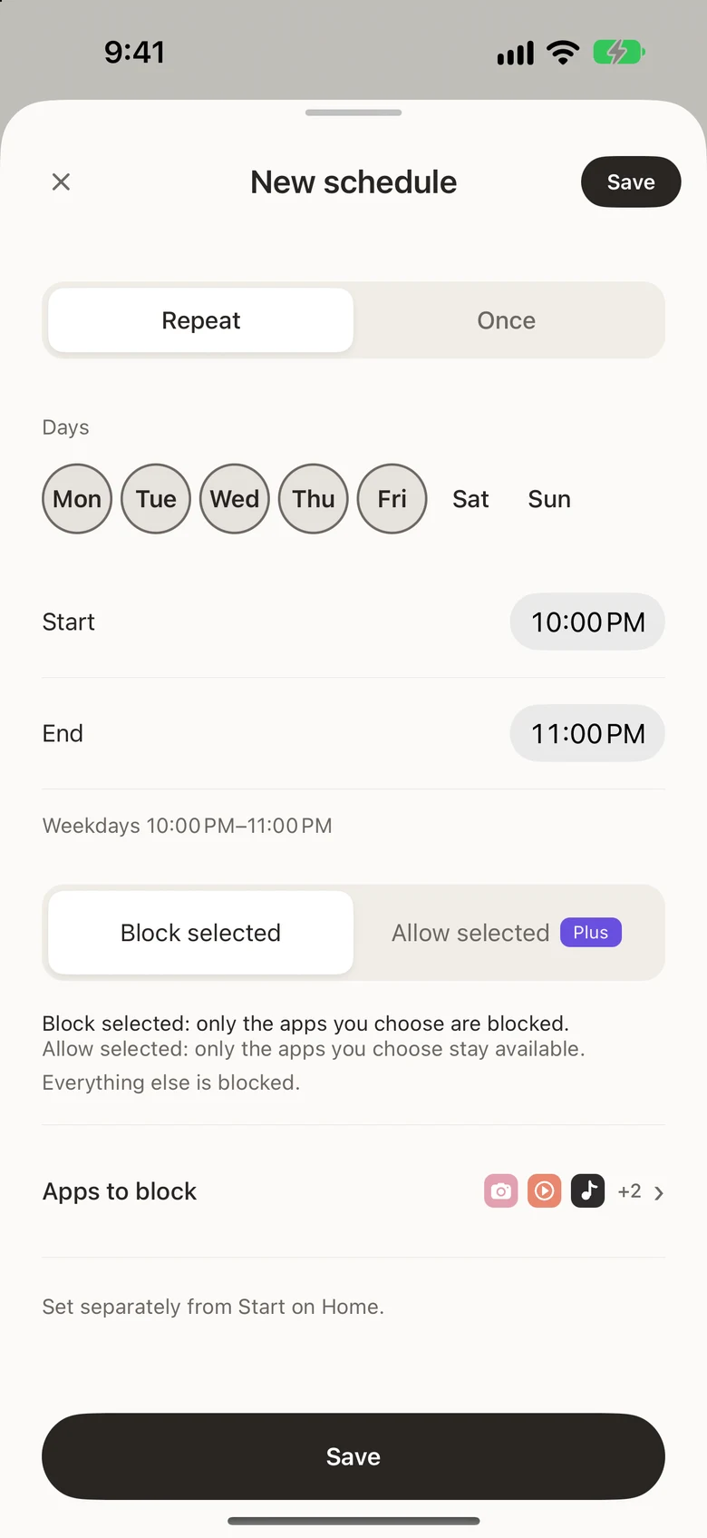 The new schedule screen, where you set the days and time