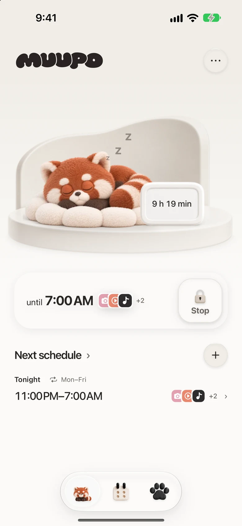 The home screen during a block, with a red panda asleep on its stand