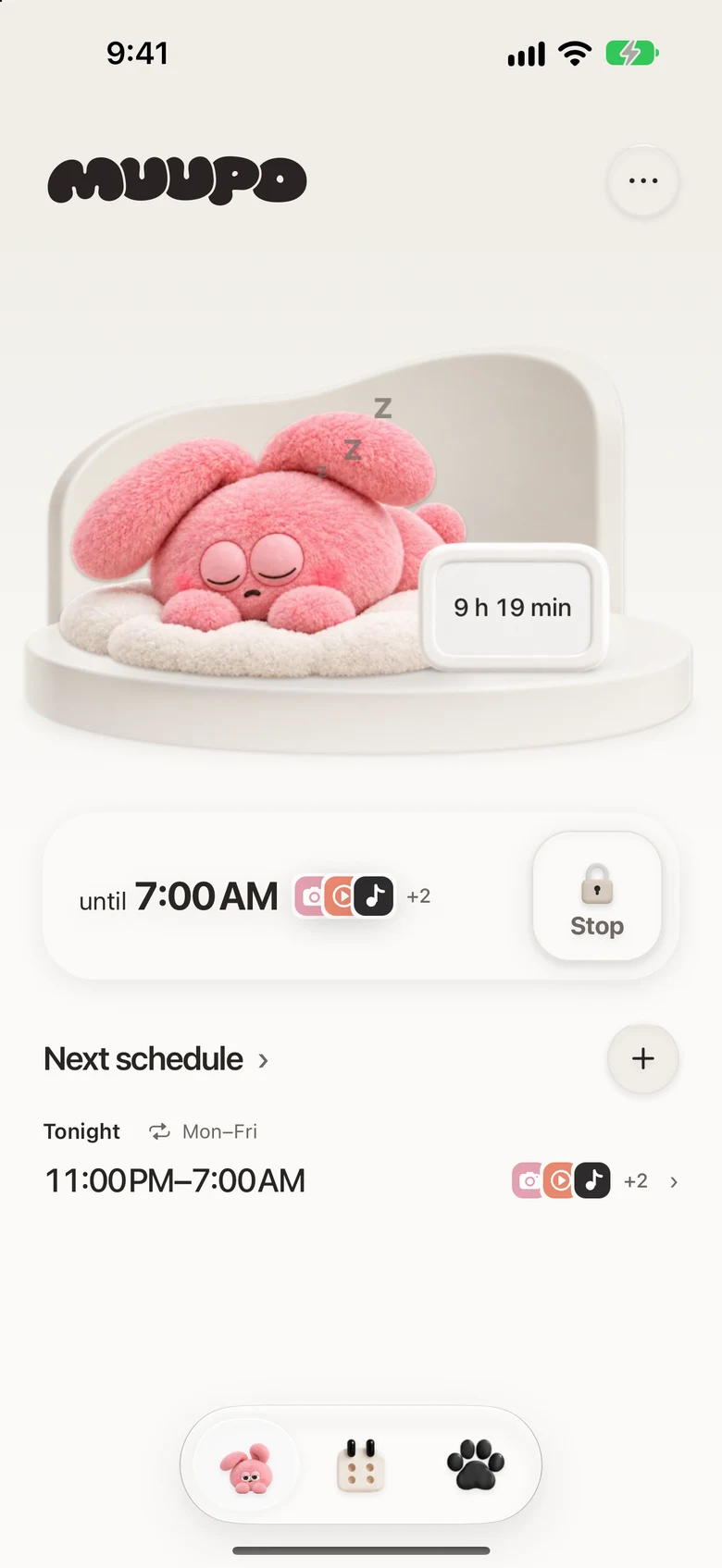 The home screen during a block, with a rabbit asleep