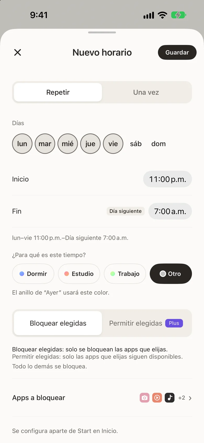 La pantalla de nuevo horario, donde eliges los días y la hora