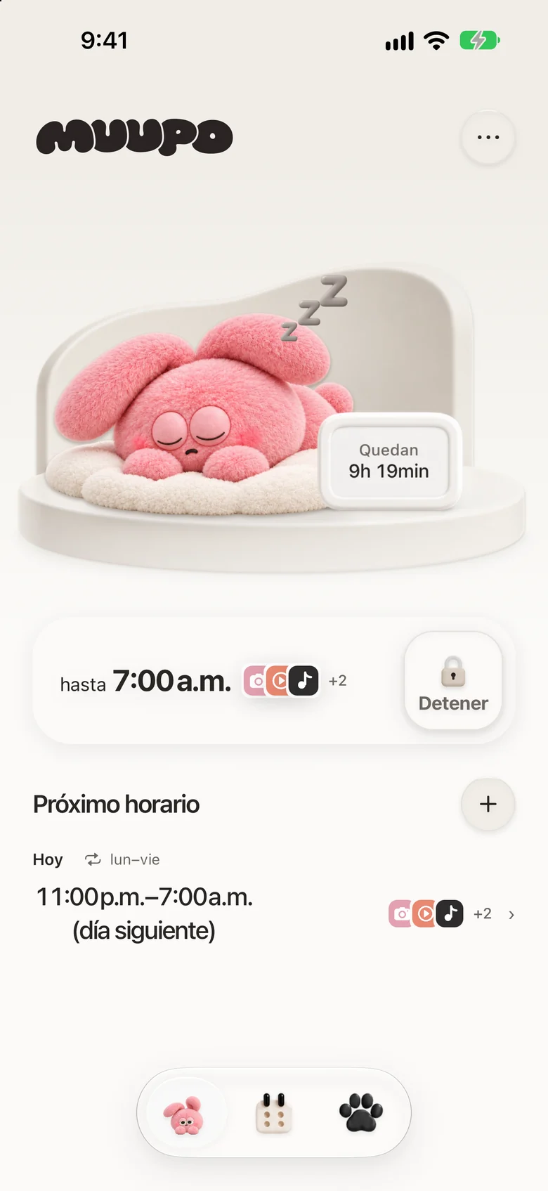 La pantalla de inicio durante un bloqueo, con un conejo dormido