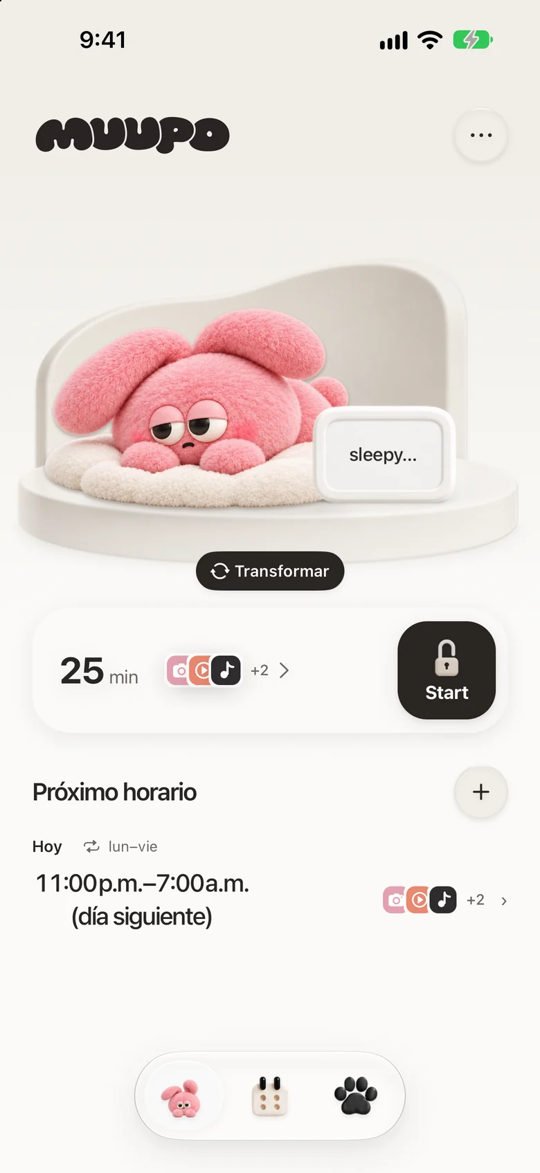 La pantalla de inicio con un conejo que creció a Niño