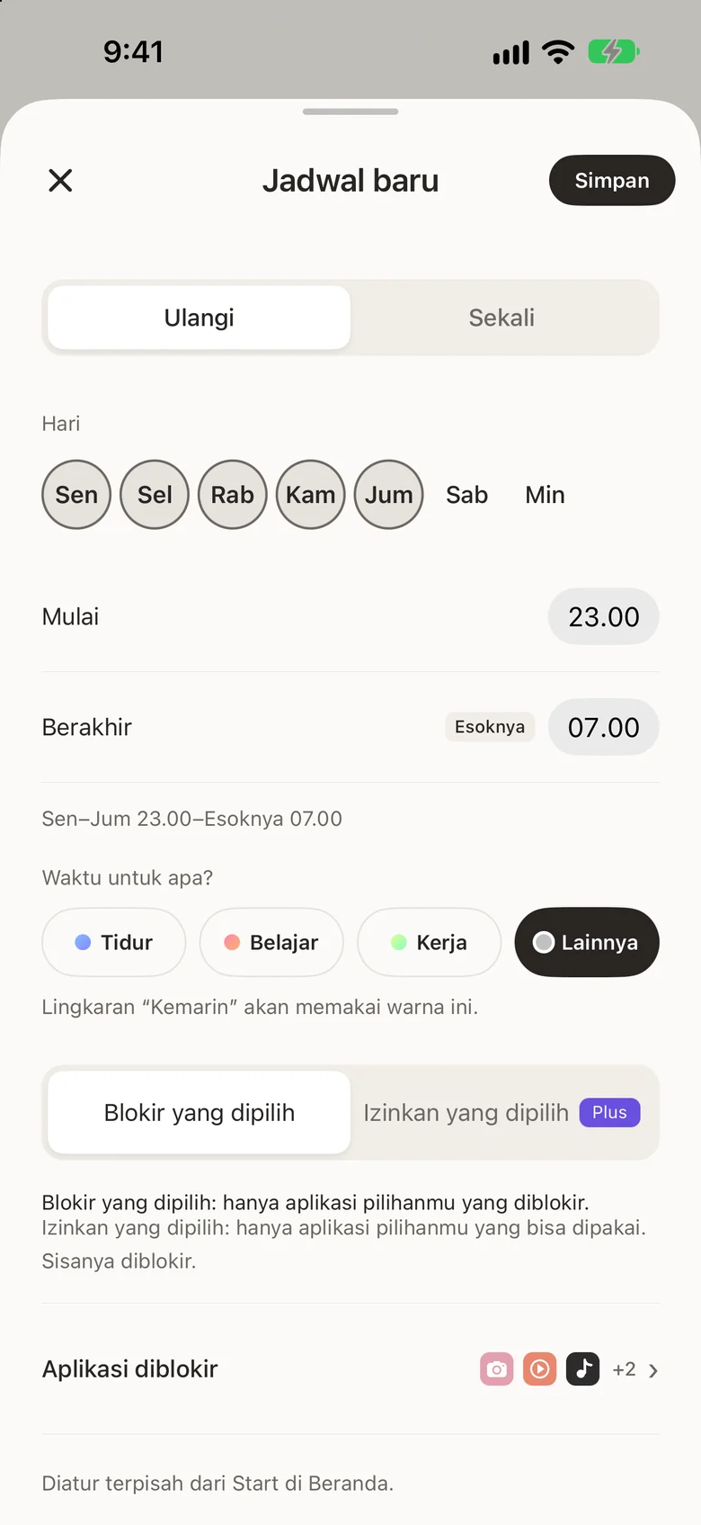 Layar jadwal baru, tempat mengatur hari dan jam