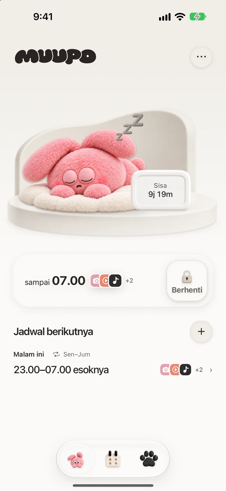 Layar beranda saat blokir, dengan kelinci yang tertidur