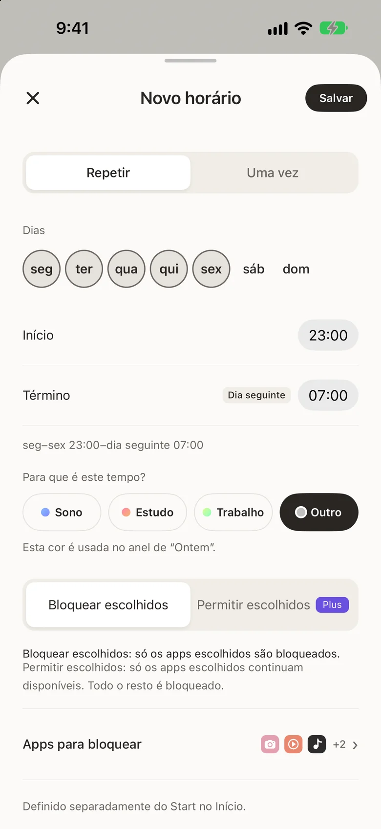 A tela de novo horário, onde você define os dias e a hora