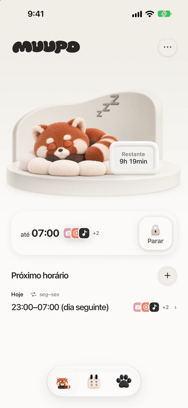 A tela inicial durante um bloqueio, com um panda-vermelho dormindo