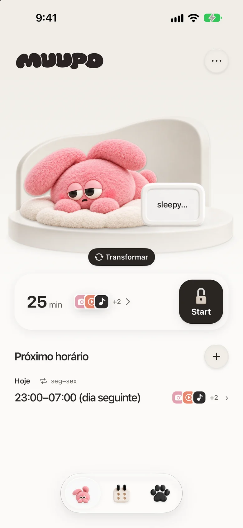 A tela inicial com um coelho que cresceu até Criança